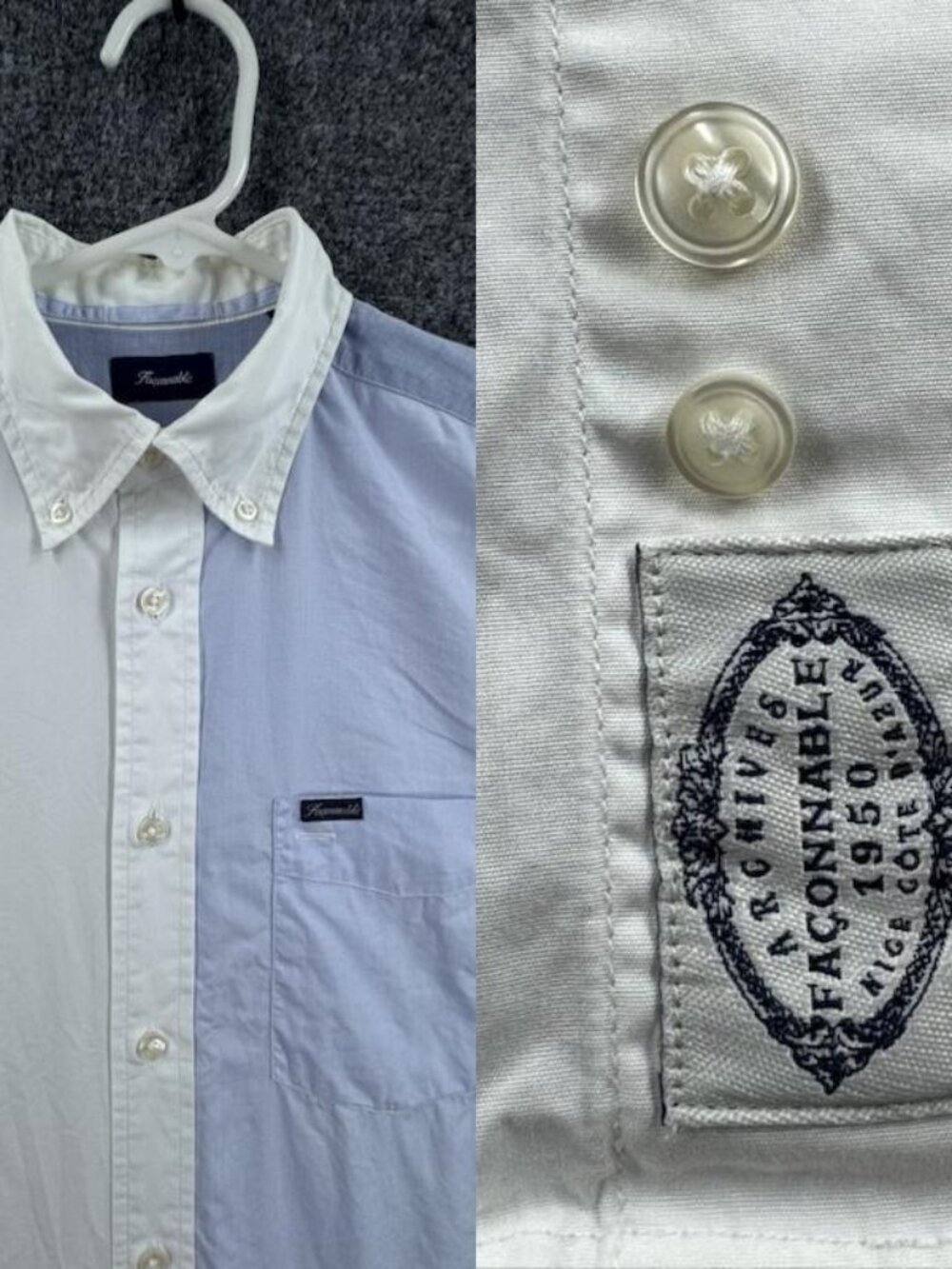 Faconnable Button-Down Cotton Logo Blue Mens White Small Long Sleeve Pocket
